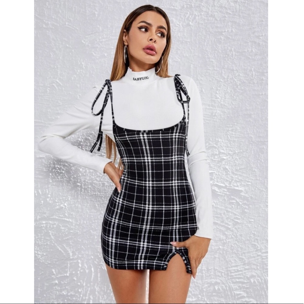 Plaid split hem overall dress